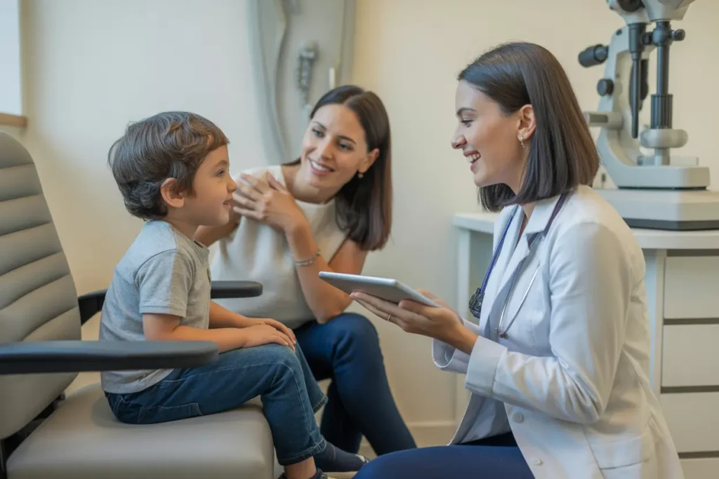 Niño en consultorio de otorrino con doctora y mamá